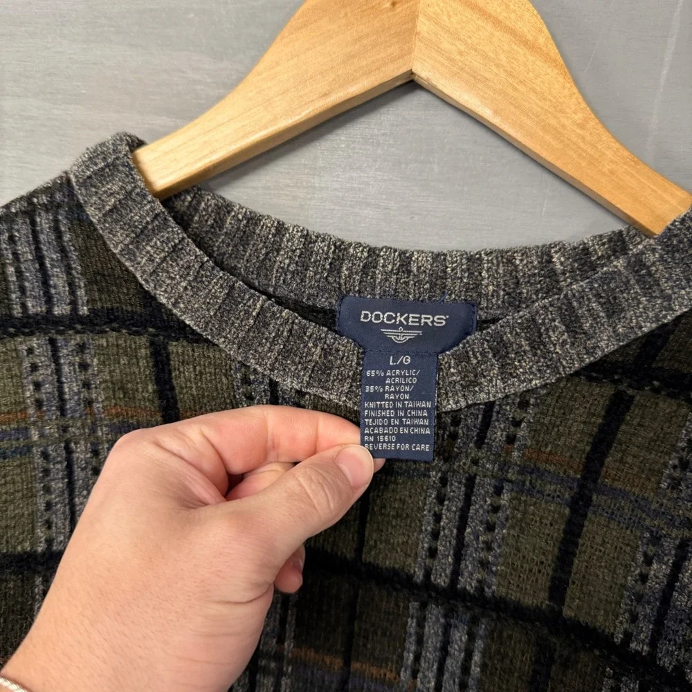Vintage Dockers Plaid Crewneck Sweater Large‎ Green Brown Gray Retro Pullover
